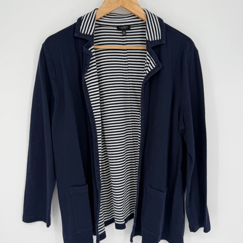 Talbots Blazer Women's 2XP Navy Blue Striped Knit Parisian Coastal Open Front